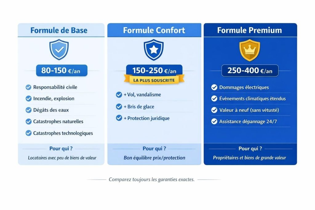 Infographie comparative des trois formules d'assurance multirisque habitation : Base (80-150€), Confort (150-250€) et Premium (250-400€) avec détail des garanties incluses