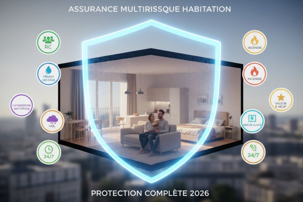 Appartement moderne protégé par bouclier bleu transparent avec 8 garanties assurance multirisque habitation MRH illustrées par icônes colorées circulaires