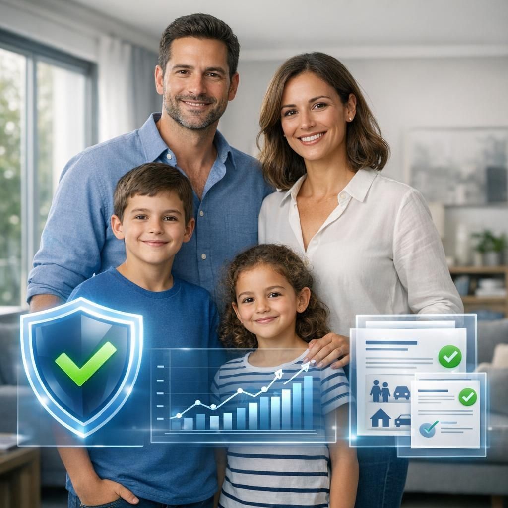 Famille française protégée par une assurance prévoyance avec éléments graphiques de sécurité financière
