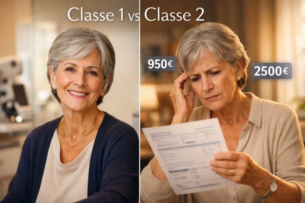 Comparaison visuelle entre appareil auditif classe 1 et classe 2 avec senior examinant un devis - Guide 100% Santé audiologie