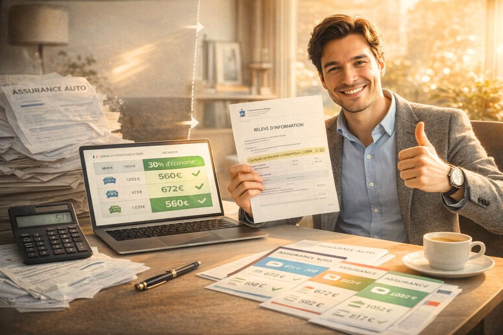 Personne souriante tenant un relevé d'information d'assurance auto devant un ordinateur montrant 30% d'économies réalisées en changeant d'assureur grâce à la loi Hamon