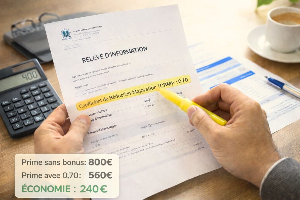 Mains surlignant coefficient bonus-malus 0.70 sur relevé d'information assurance auto avec calculatrice montrant économie de 400 euros par an