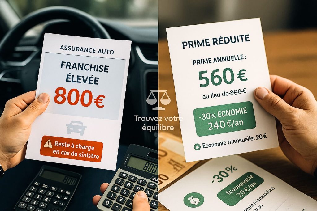 Comparaison visuelle montrant l'équilibre entre franchise élevée de 800€ et prime réduite de 560€ avec économie de 240€ par an en assurance auto