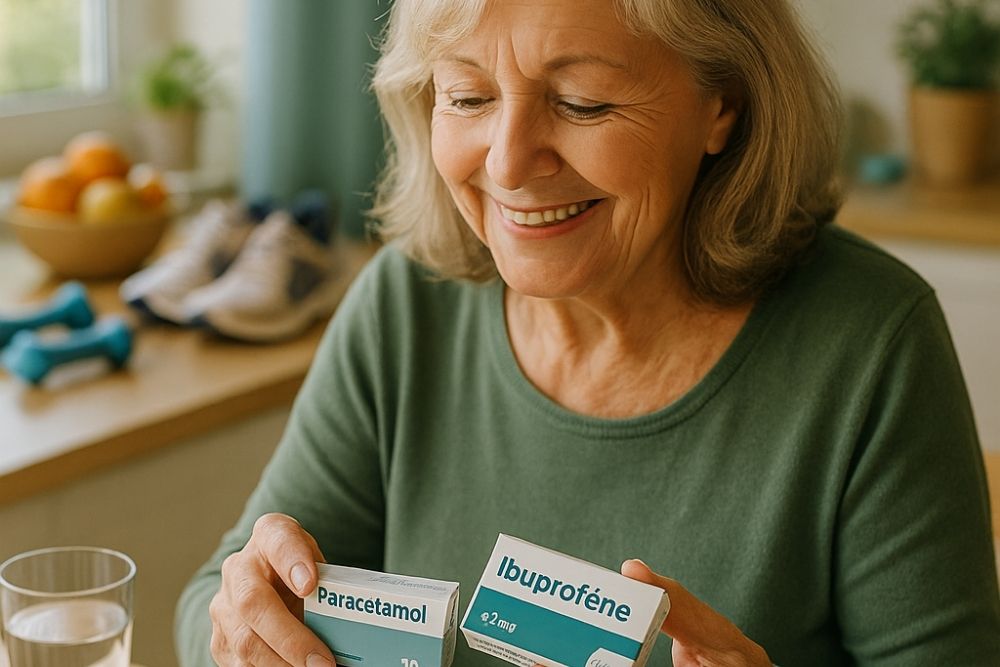 Femme senior française souriante organisant ses médicaments contre l'arthrose remboursés sur une table de cuisine avec prescription médicale