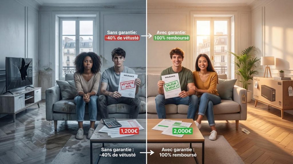 Comparaison visuelle indemnisation assurance habitation sans et avec garantie rééquipement à neuf montrant différence remboursement vétusté versus valeur neuve couple sinistre