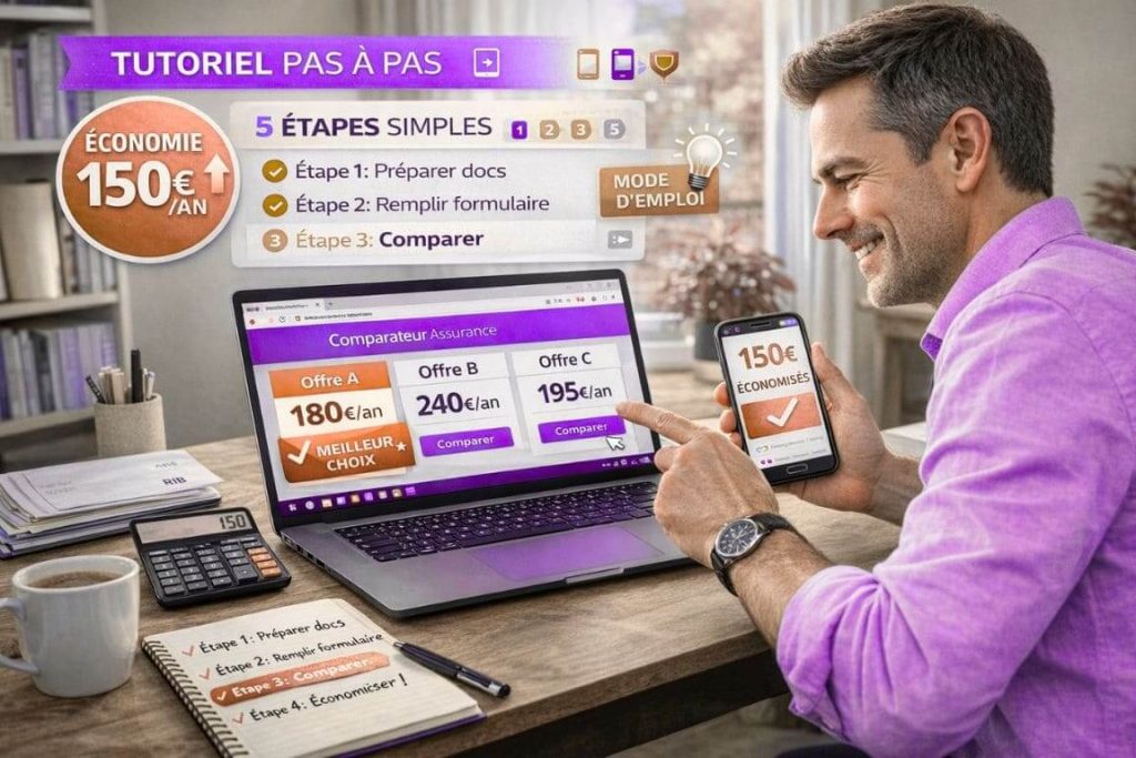 Personne utilisant tutoriel comparateur assurance habitation sur ordinateur avec économies de 150 euros affichées