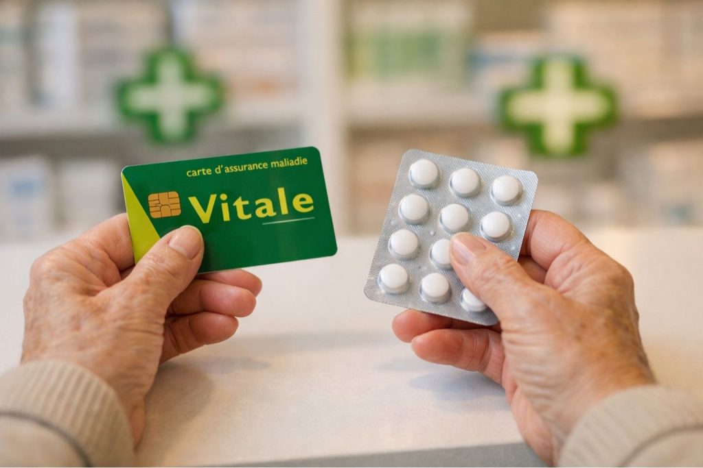 Mains de senior tenant une Carte Vitale et des médicaments anti-inflammatoires sur un comptoir de pharmacie française