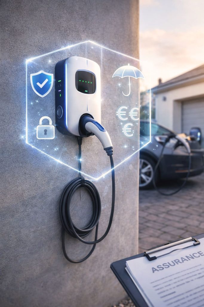 Borne de recharge électrique domestique protégée avec symboles d'assurance et de sécurité