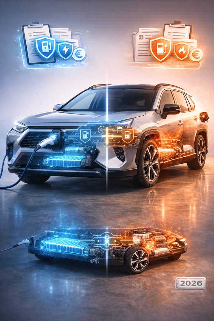 Voiture hybride rechargeable avec visualisation transparente de la double technologie électrique et thermique et symboles d'assurance
