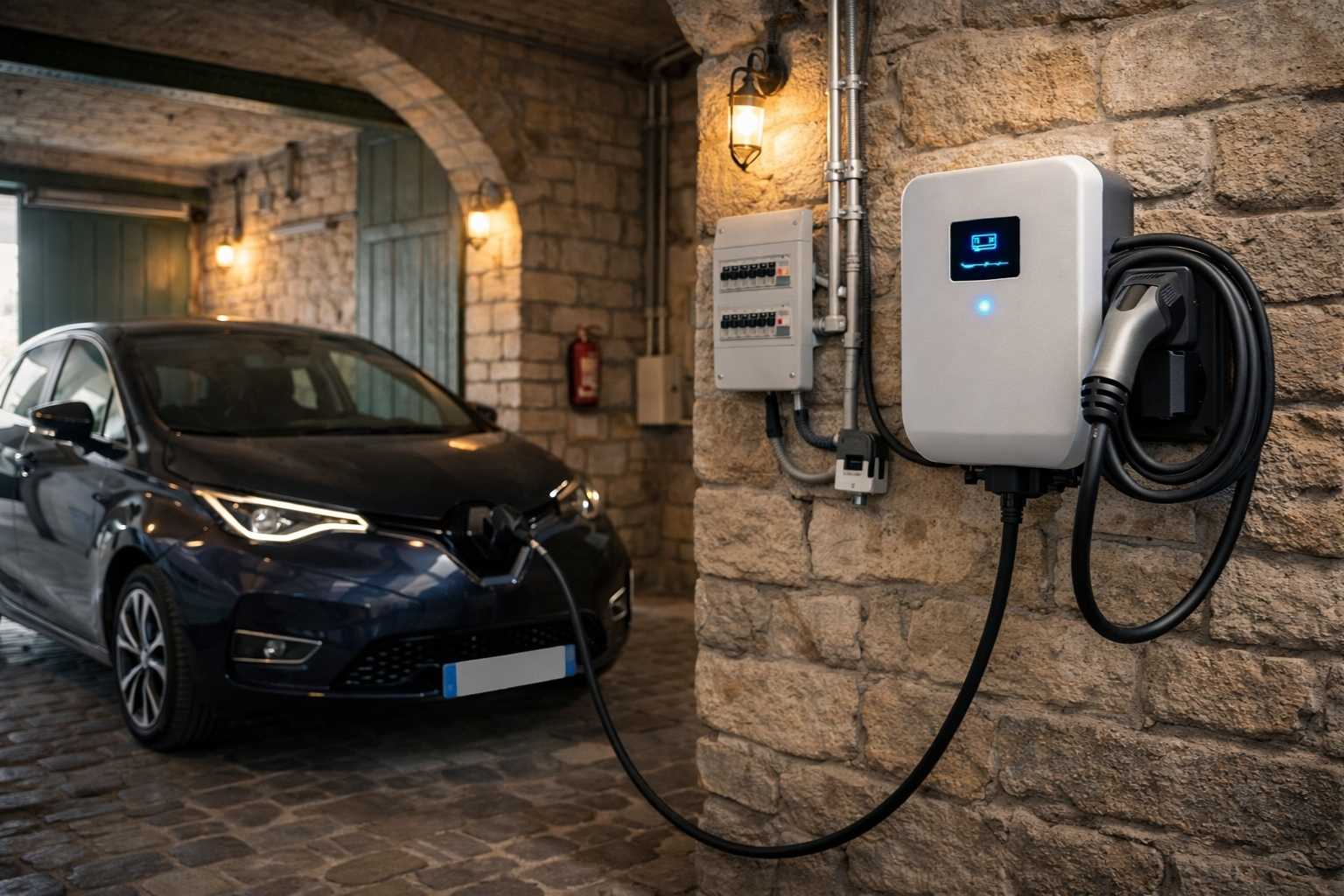 Photographie réaliste d'une borne de recharge wallbox moderne blanche installée professionnellement dans un garage résidentiel Haussmannien parisien authentique avec murs en pierre de taille apparente, voûte ancienne, sol pavé rénové, câble Type 2 branché sur voiture électrique grise garée, éclairage naturel et appliques industrielles vintage, tableau électrique moderne, gaines ICTA, disjoncteur différentiel visible, extincteur rouge, installation conforme certification IRVE garantissant sécurité et conformité pour assurance habitation.