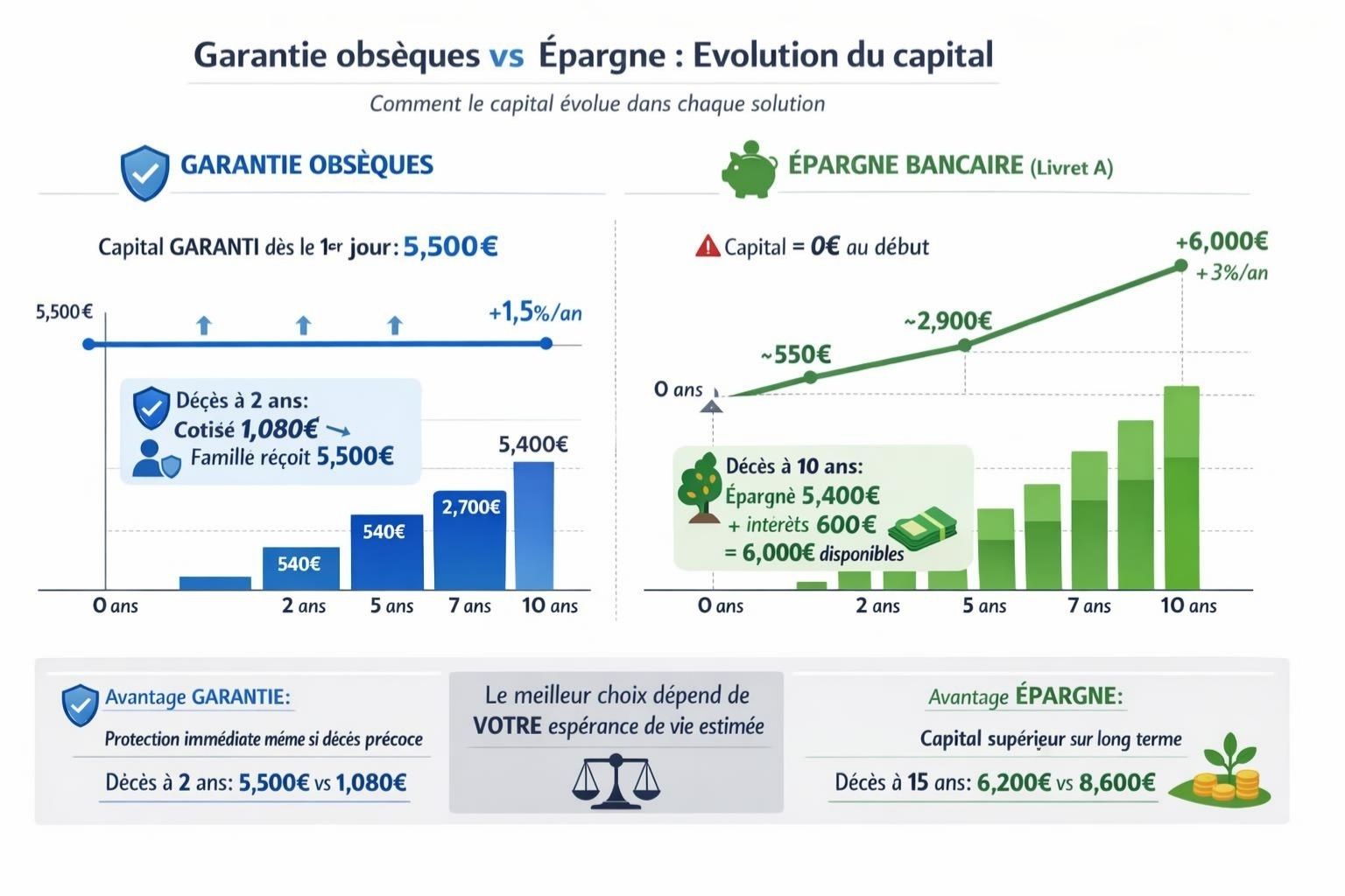 Graphique comparant garantie obsèques (ligne bleue plate à 5 500€ dès le début) versus épargne bancaire (ligne verte croissante de 0€ à 6 000€ sur 10 ans)