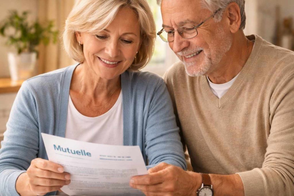 Couple de seniors français consultant sereinement des documents de mutuelle santé à domicile