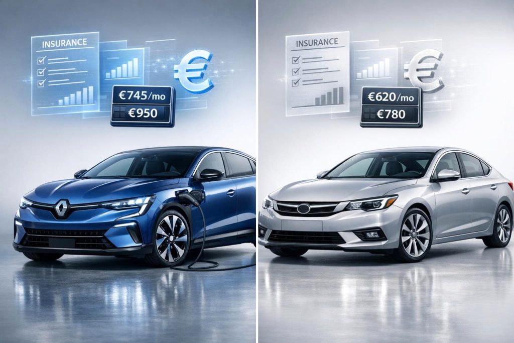 Comparaison visuelle entre une voiture électrique et une voiture thermique avec leurs coûts d'assurance respectifs en 2026