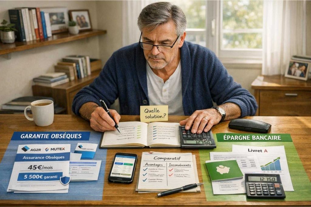 Personne d'âge mûr comparant documents de garantie obsèques et documents d'épargne bancaire à son bureau, expression concentrée et analytique, deux zones distinctes sur la table