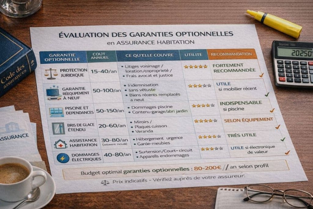 Tableau comparatif détaillé des garanties optionnelles assurance habitation avec coûts, couverture, utilité et recommandations