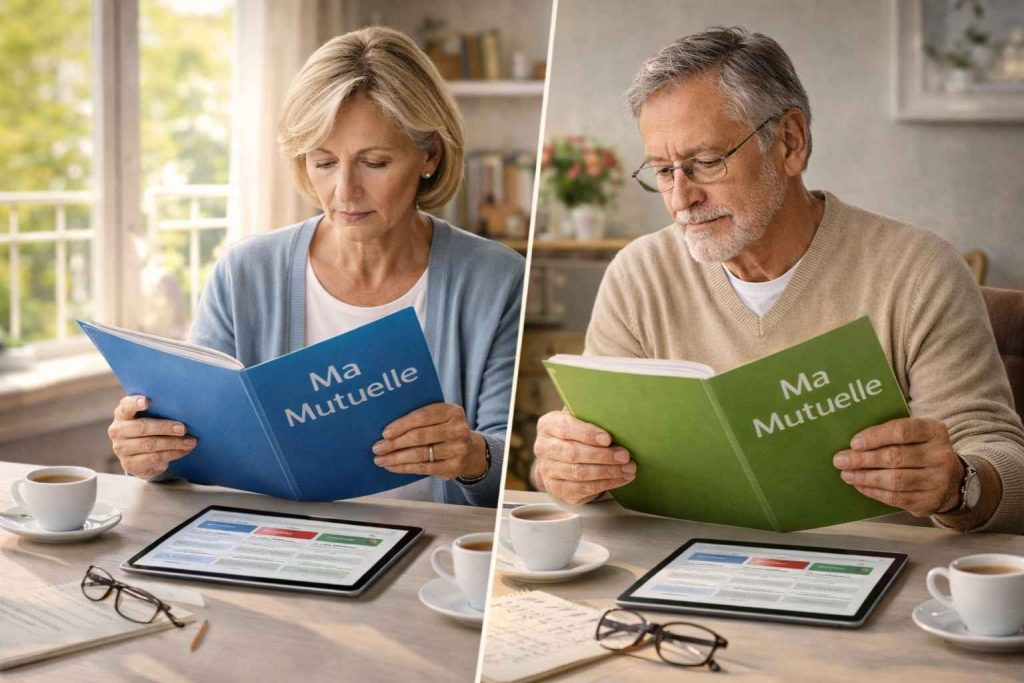 Couple de seniors français consultant chacun des documents de mutuelle santé différents de manière indépendante