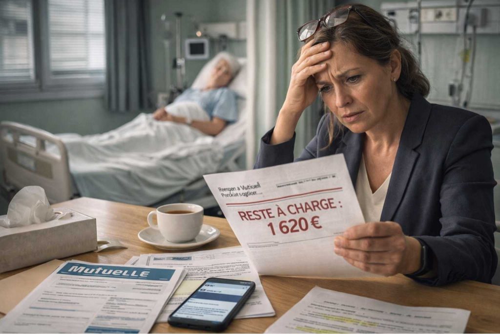 Fille inquiète consultant une facture d'hôpital avec reste à charge élevé près de sa mère senior hospitalisée, documents mutuelle et factures médicales sur la table