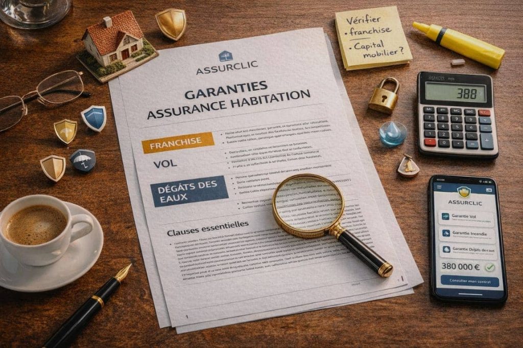 Vue d'ensemble d'un contrat d'assurance habitation ouvert avec loupe, surligneurs et documents analysant garanties et clauses essentielles