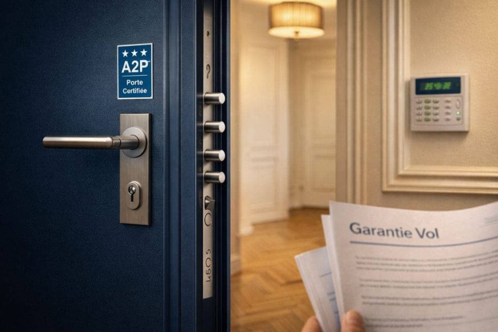 Porte blindée sécurisée avec serrure multipoint et alarme pour garantie vol assurance habitation
