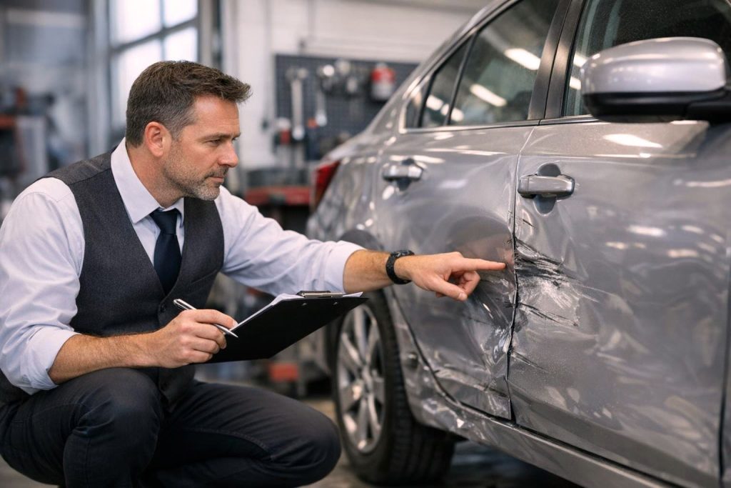Expert automobile professionnel examinant les dommages d'une voiture accidentée dans un garage moderne