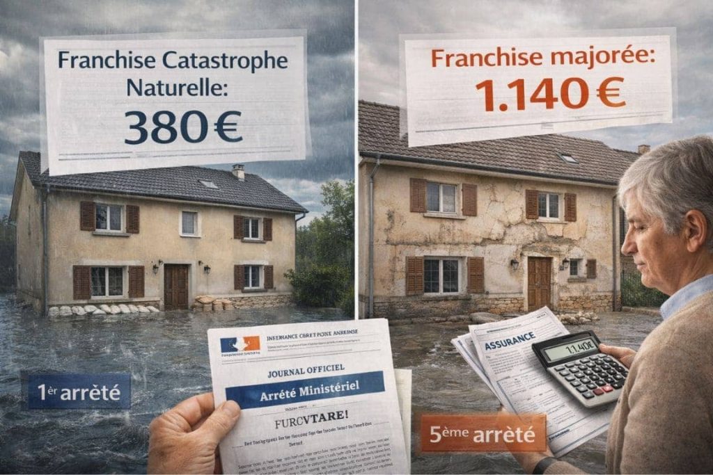 Comparaison visuelle des franchises catastrophe naturelle 380€ standard vs 1140€ majorée avec maison inondée et documents officiels