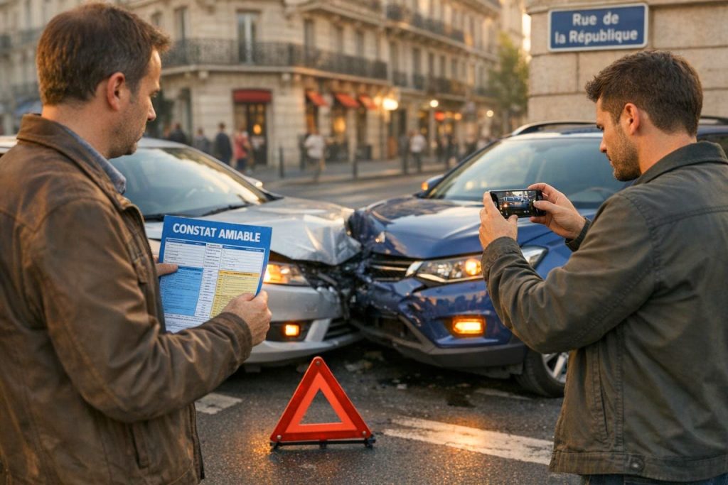 Deux conducteurs remplissant un constat amiable après un accident automobile à un carrefour urbain français