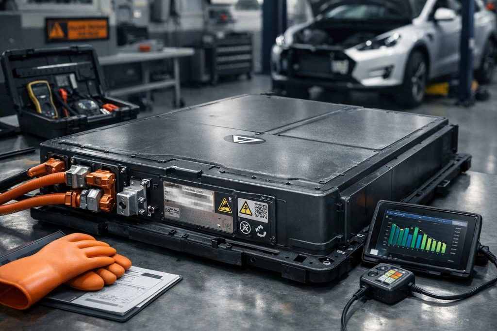 Photographie ultra-réaliste professionnelle d'un pack batterie lithium-ion haute tension de voiture électrique gris métallisé avec câbles orange HV caractéristiques, connecteurs cuivrés, plaque identification technique, pictogrammes danger haute tension triangle jaune éclair, dans environnement garage technique centre service automobile spécialisé VE, sol béton époxy gris, éclairage LED industriel froid, établi travail outils diagnostic multimètres testeurs, panneau sécurité orange noir visible, chariot élévateur arrière-plan, voiture électrique sur élévateur flou, gants isolants orange, écran diagnostic courbes capacité, ambiance professionnelle propre sécurisée illustrant complexité technologique et importance garantie constructeur batterie véhicule électrique.