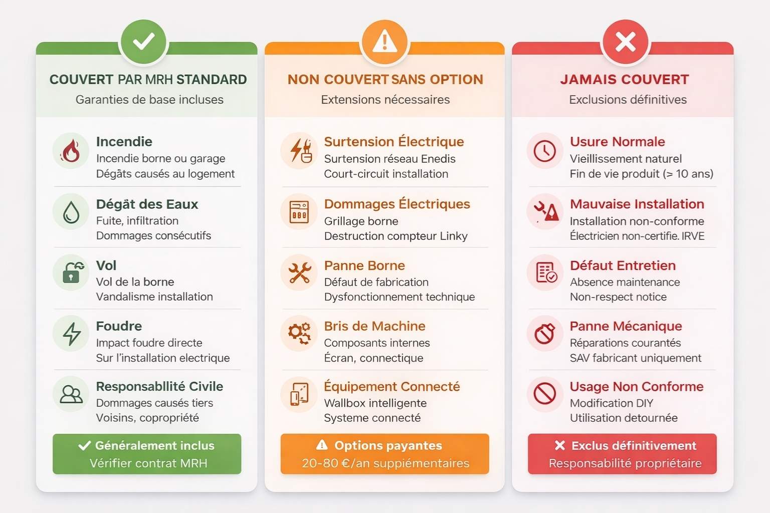 Infographie professionnelle en trois colonnes présentant la couverture assurance multirisque habitation pour borne de recharge électrique : colonne verte "Couvert par MRH standard" incluant incendie, dégât des eaux, vol, foudre et responsabilité civile avec mention généralement inclus vérifier contrat ; colonne orange "Non couvert sans option" listant surtension électrique, dommages électriques, panne borne, bris de machine, équipement connecté nécessitant extensions payantes 20-80 euros par an ; colonne rouge "Jamais couvert" détaillant exclusions définitives usure normale, mauvaise installation non-IRVE, défaut entretien, panne mécanique SAV fabricant, usage non-conforme modifications DIY ; footer rappelant vérification conditions générales, déclaration obligatoire assureur sous 15 jours, certification IRVE requise avec attestation conformité à conserver.