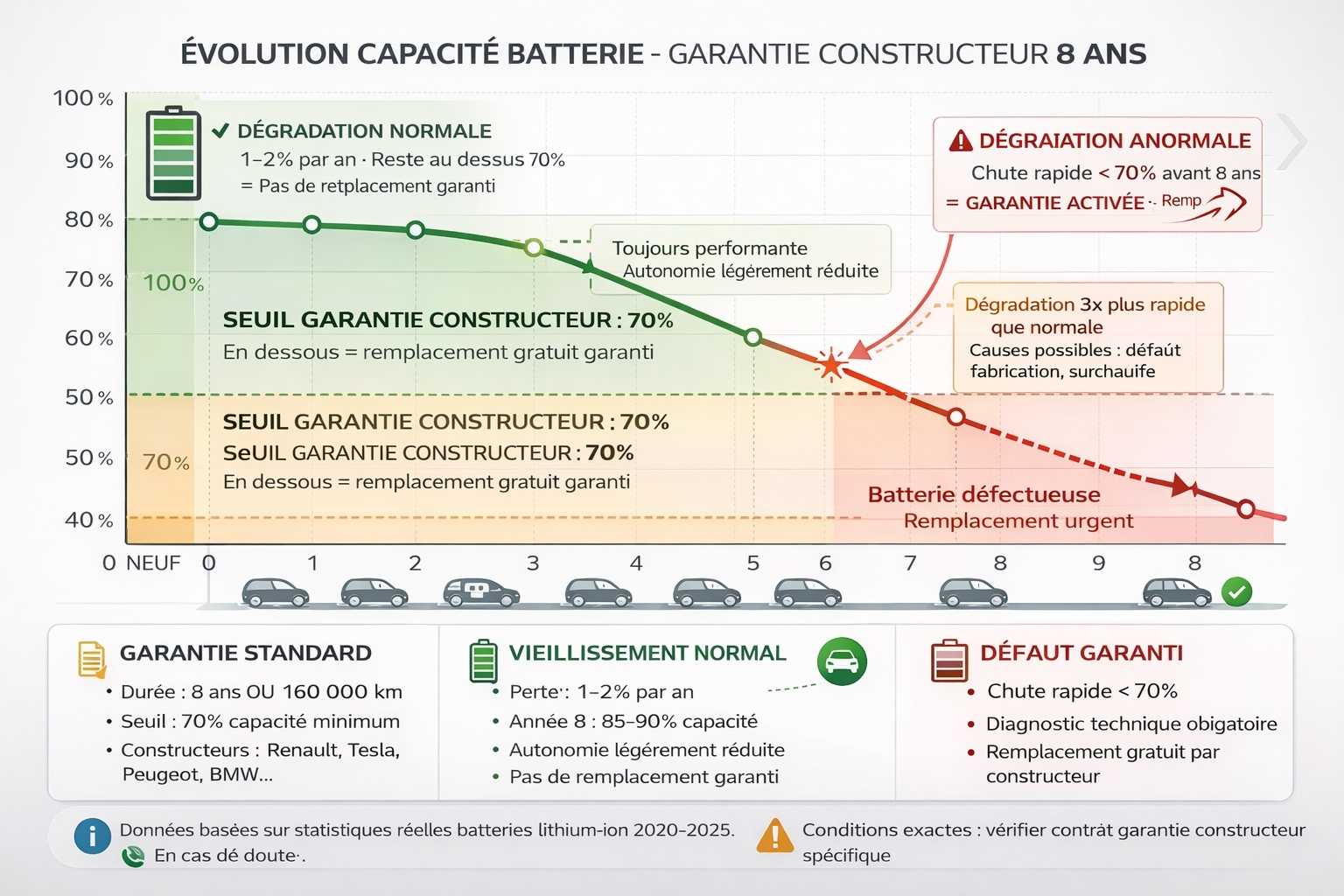 Infographie graphique courbe professionnelle montrant évolution capacité batterie voiture électrique sur 8 ans avec garantie constructeur : axe horizontal temps 0-8 ans pictogrammes voitures, axe vertical capacité 0-100%, trois zones colorées fond transparent - zone verte 100-70% fonctionnement normal, zone orange 70-50% dégradation importante non garantie, zone rouge 50-0% batterie défectueuse remplacement urgent ; courbe verte épaisse dégradation normale 100% à 85% année 8 perte 1-2% an points marqueurs circulaires reste au-dessus seuil 70% pas remplacement garanti ; courbe rouge pointillée dégradation anormale 100% à 65% année 4 chute rapide défaut fabrication surchauffe passe sous seuil 70% déclenchant garantie activée remplacement gratuit constructeur étoile rouge rayonnement encadré explicatif ; ligne verte épaisse horizontale 70% étiquette seuil garantie constructeur en dessous remplacement gratuit ; annotations flottantes usage normal quotidien toujours performante dégradation 3x rapide ; légende trois colonnes garantie standard 8 ans 160000 km seuil 70% Renault Tesla Peugeot BMW, vieillissement normal perte 1-2% an année 8 85-90% autonomie réduite, défaut couvert chute rapide diagnostic remplacement gratuit délai 3-21 jours ; footer données statistiques réelles 2020-2025 vérifier contrat diagnostic gratuit centre agréé.
