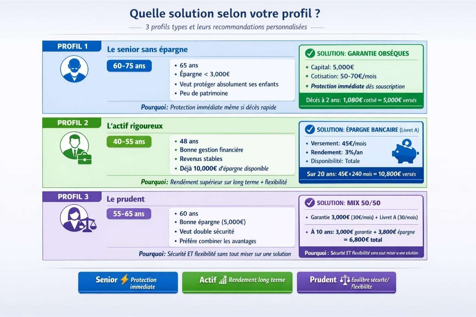 Infographie présentant trois profils types : senior sans épargne (garantie obsèques recommandée), actif rigoureux (épargne Livret A recommandée), prudent (mix des deux recommandé)