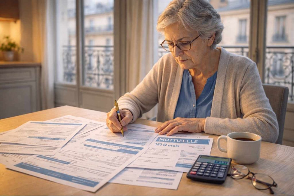 Senior française inquiète consultant ses factures médicales et documents de mutuelle avec reste à charge élevé