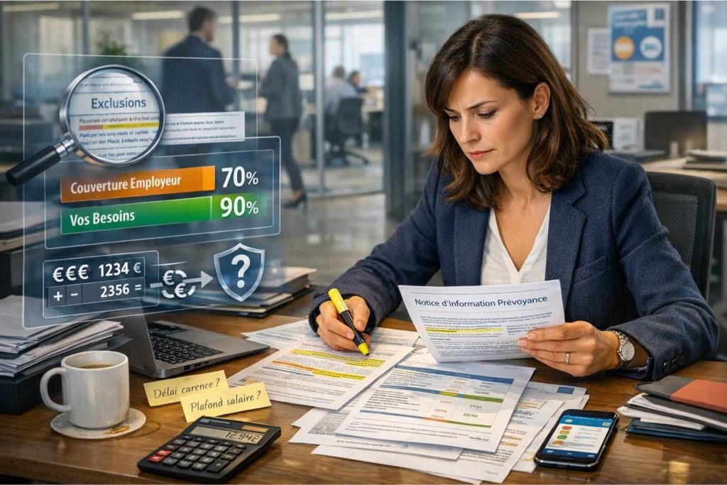 Employée de bureau examinant documents prévoyance collective entreprise avec interface numérique montrant gaps de couverture et comparaison garanties