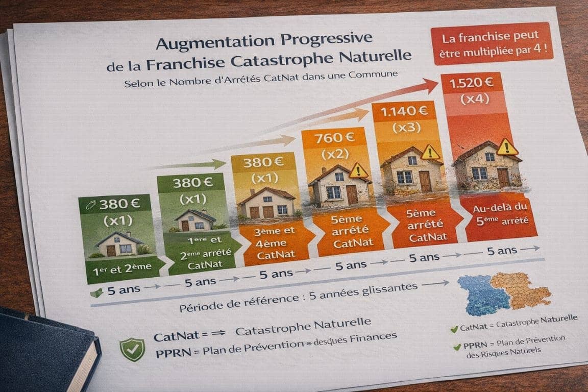 Infographie montrant l'augmentation progressive de la franchise catastrophe naturelle de 380€ à 1520€ selon le nombre d'arrêtés