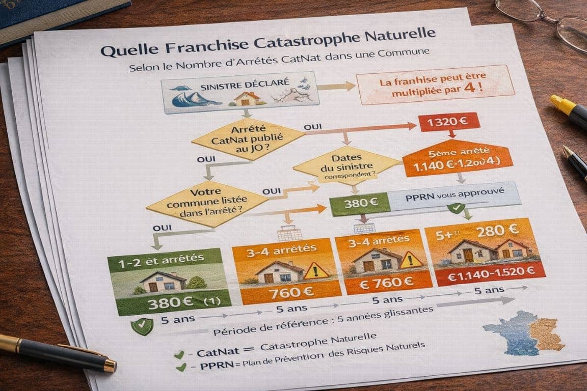 Infographie montrant l'augmentation progressive de la franchise catastrophe naturelle de 380€ à 1520€ selon le nombre d'arrêtés