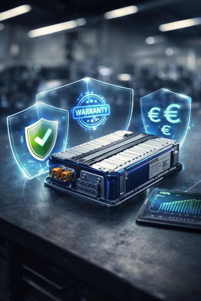 Batterie de véhicule électrique protégée par des boucliers symbolisant l'assurance et la garantie