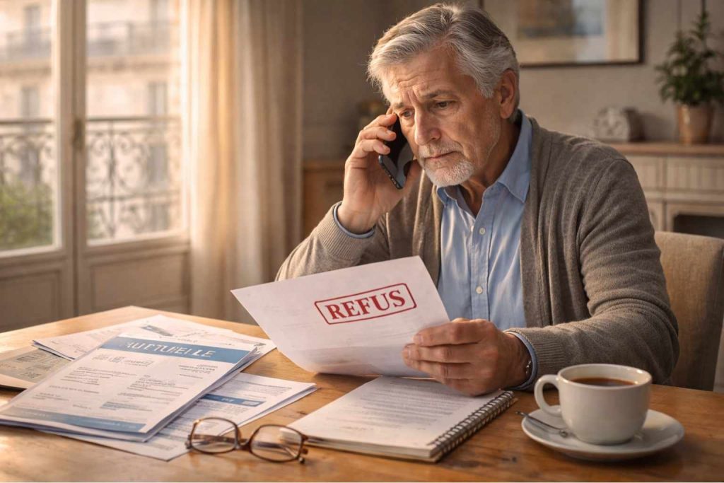 Senior français inquiet au téléphone recevant un refus de mutuelle santé avec documents ALD et lettre de refus sur la table