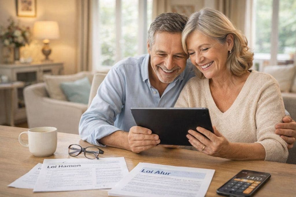 Couple de seniors français examinant sereinement leurs documents d'assurance habitation avec les lois Hamon et Alur