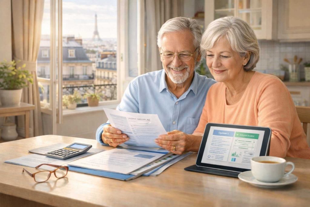 Couple de seniors français consultant sereinement leurs documents de mutuelle santé dans un intérieur chaleureux