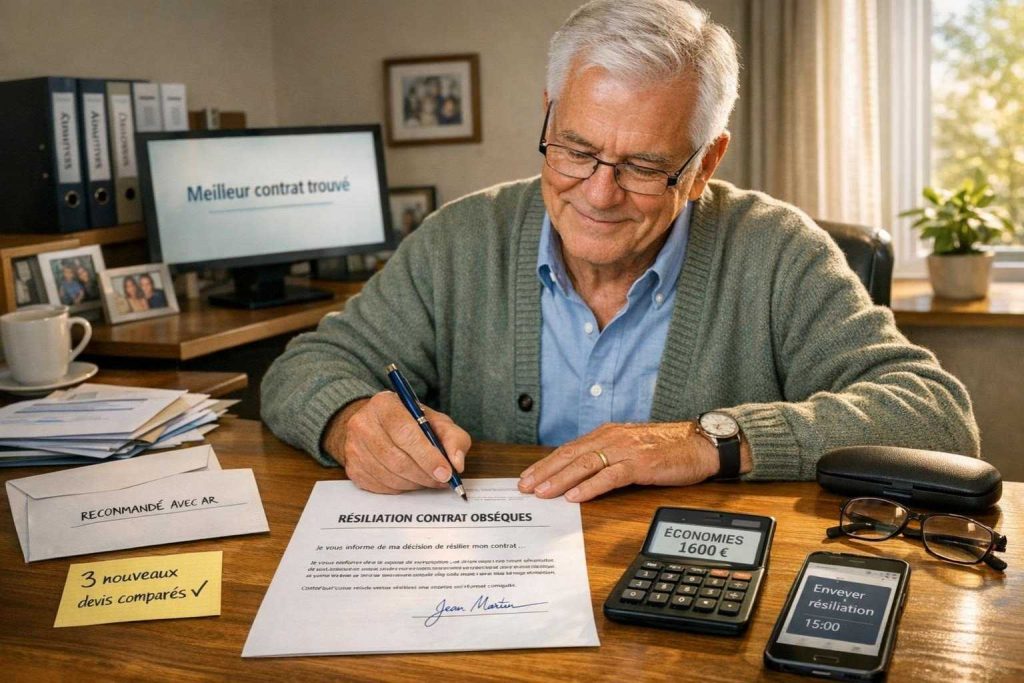 Senior homme signant avec assurance sa lettre de résiliation de contrat obsèques à son bureau, documents comparatifs visibles, expression confiante et satisfaite, lumière naturelle