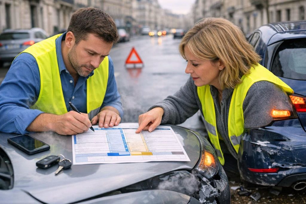 Deux conducteurs remplissant un constat amiable après un accident de voiture sur une rue française avec véhicules endommagés en arrière-plan