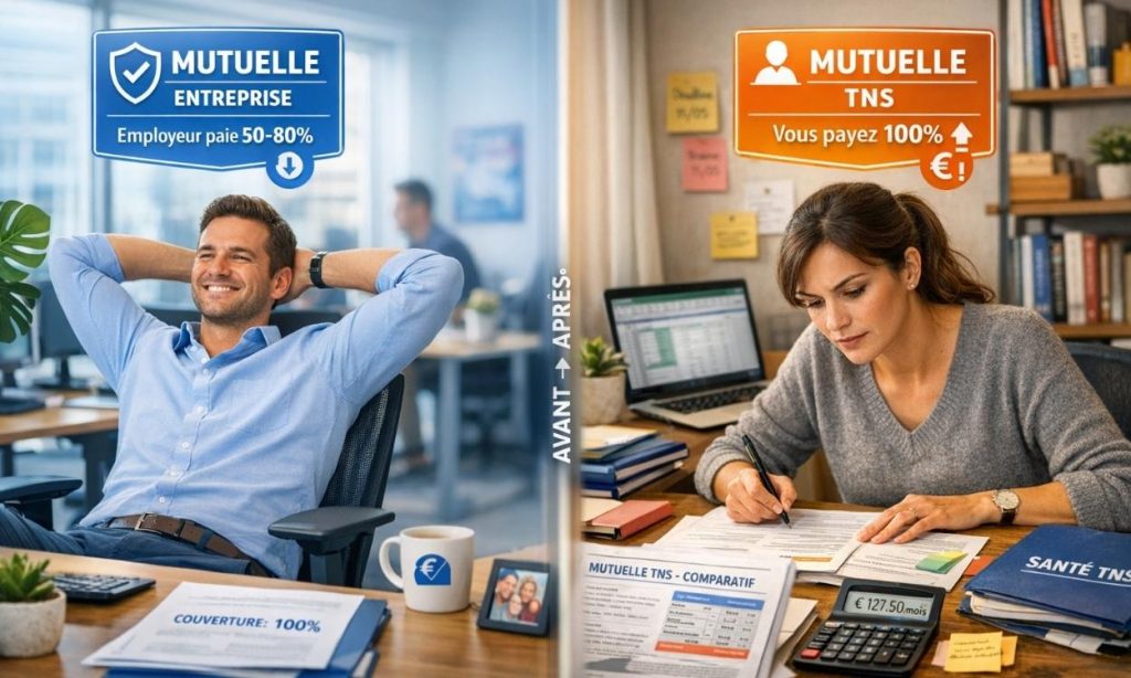 Comparaison visuelle split-screen entre un salarié détendu avec mutuelle d'entreprise payée 50-80% par l'employeur et un travailleur TNS concentré gérant seul sa mutuelle et payant 100% des cotisations