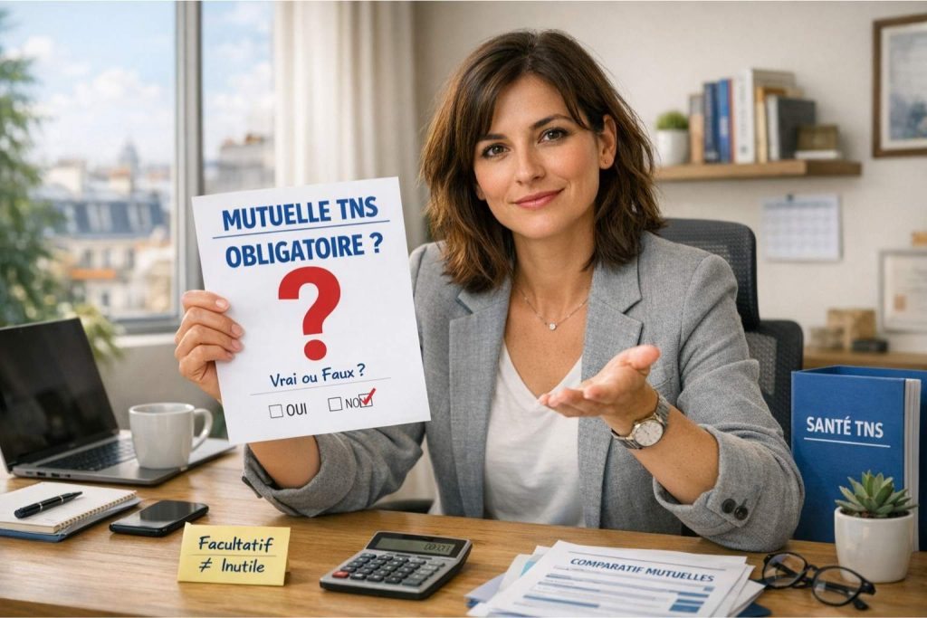 Travailleuse indépendante TNS confiante tenant un document marqué "Mutuelle TNS - Obligatoire ?" avec un grand point d'interrogation rouge, démontrant que la souscription n'est pas obligatoire mais reste un choix personnel éclairé