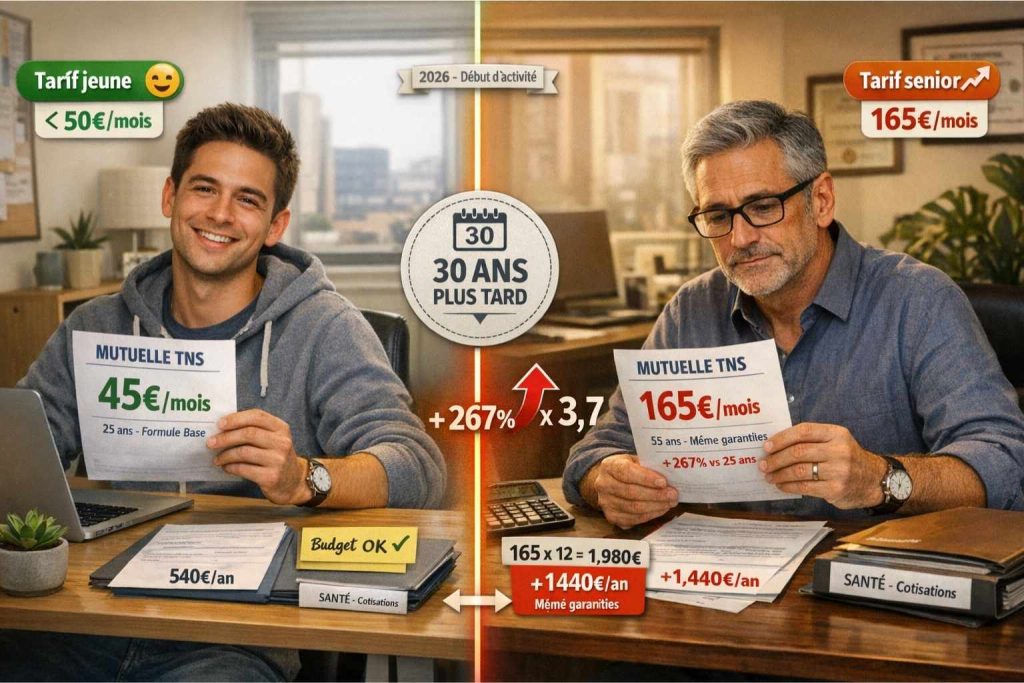 Comparaison photographique split-screen du même travailleur TNS à 25 ans payant 45€/mois de mutuelle et à 55 ans payant 165€/mois pour les mêmes garanties, montrant augmentation de +267% sur 30 ans avec timeline centrale