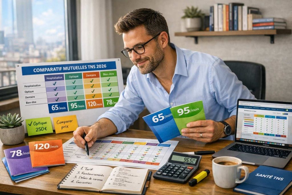 Travailleur TNS comparant brochures mutuelles (65€, 95€, 120€/mois) avec tableau comparatif et système organisation couleurs