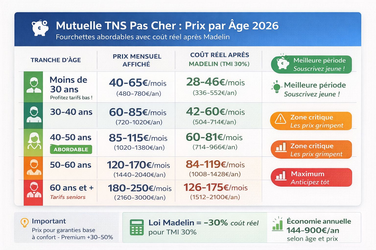 Tableau prix mutuelle TNS par âge : <30 ans 40-65€ coût réel 28-46€, 30-40 ans 60-85€ réel 42-60€, 40-50 ans 85-115€ réel 60-81€, 50-60 ans 120-170€ réel 84-119€, 60+ ans 180-250€ réel 126-175€ avec économie Madelin -30%