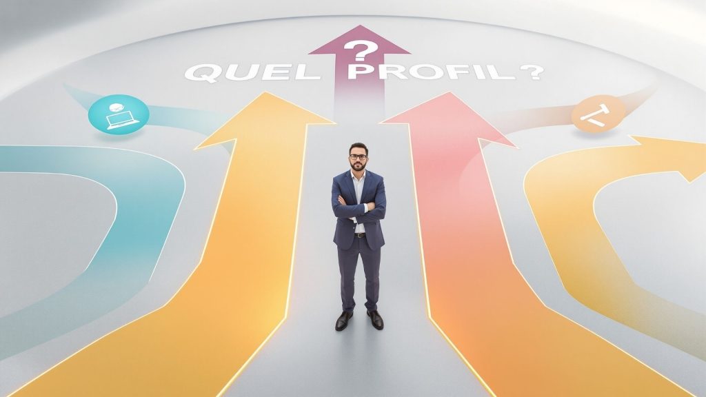Travailleur TNS à carrefour 4 chemins colorés (teal digital, orange physique, purple libéral, coral contact) panneaux icônes profession, réflexion "quel profil mes besoins", question sol panneau suspendu