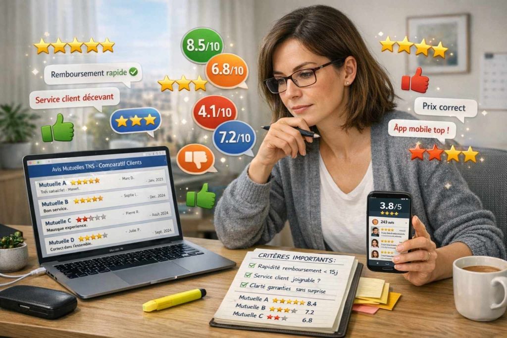 Travailleuse TNS 37 ans à bureau lisant activement avis clients mutuelle sur laptop et smartphone, éléments flottants étoiles notes (5★ 4★ 2★), bulles témoignages positifs négatifs, pouces haut bas, prend notes critères comparaison "rapidité remboursement service client clarté", recherche analytique avis pairs