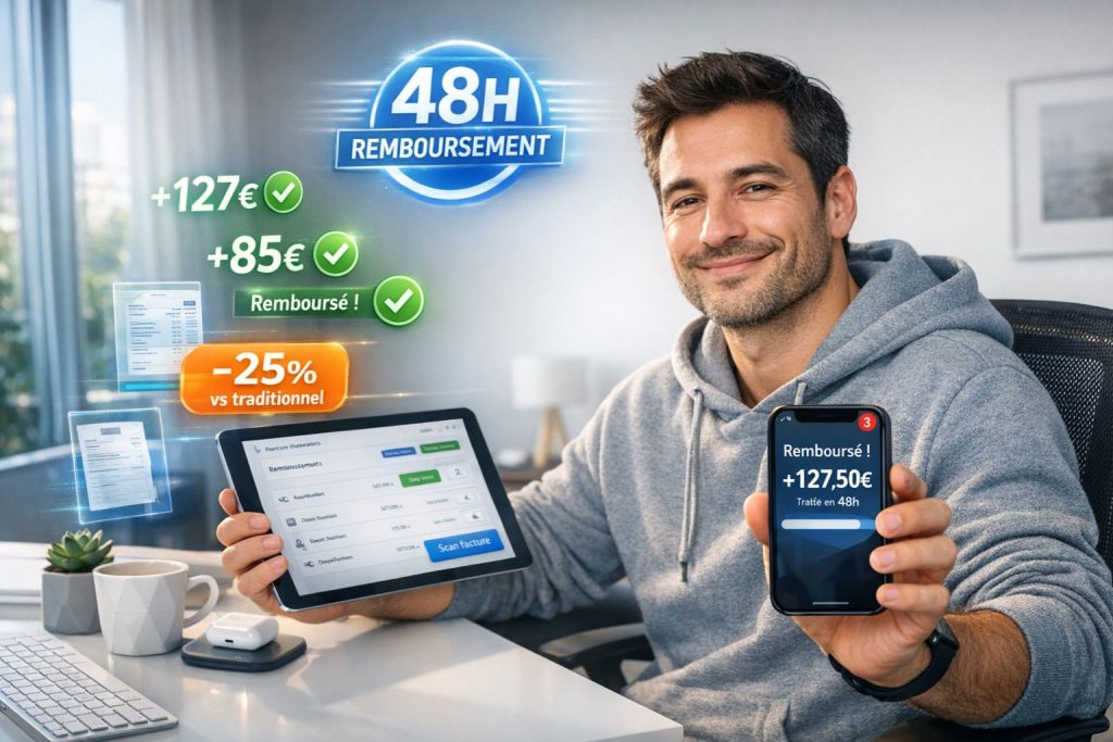 Entrepreneur TNS 33 ans smartphone app mutuelle "Remboursé 48h +127€" tablette dashboard, éléments holographiques badge 48H checkmarks verts euros économie -25%, satisfait relaxé gestion digitale facile bureau moderne paperless