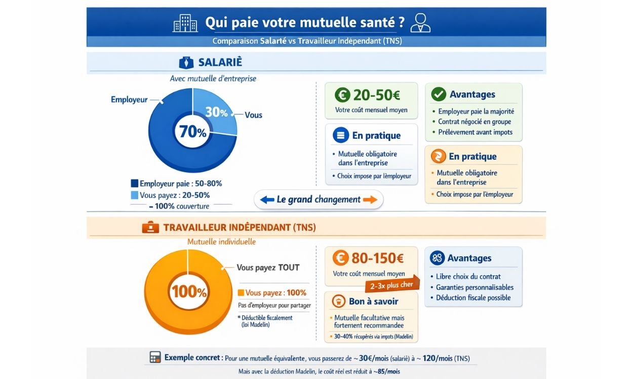 Infographie comparative montrant la répartition des coûts mutuelle : salarié avec employeur payant 50-80% (20-50€/mois) versus TNS payant 100% seul (80-150€/mois)