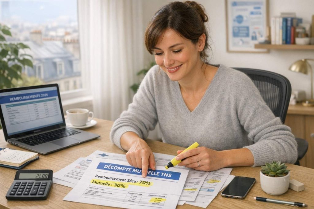 Travailleuse indépendante française analysant avec satisfaction ses documents de remboursement mutuelle TNS dans son bureau lumineux, comprenant le système de remboursement Sécu et complémentaire santé